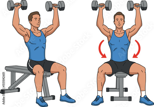Man performing dumbbell shoulder press workout on bench, illustrated fitness exercise guide, gym strength training, upper body workout technique for arms, chest, shoulders