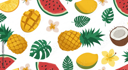 Seamless vector pattern of tropical fruits ; watermelon, pineapple, mango, and coconut, summer leaves and flowers - summer fruits concept, colorful flat design