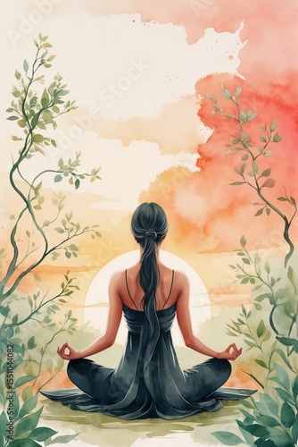 Watercolor Illustration of a Woman Meditating at Sunrise