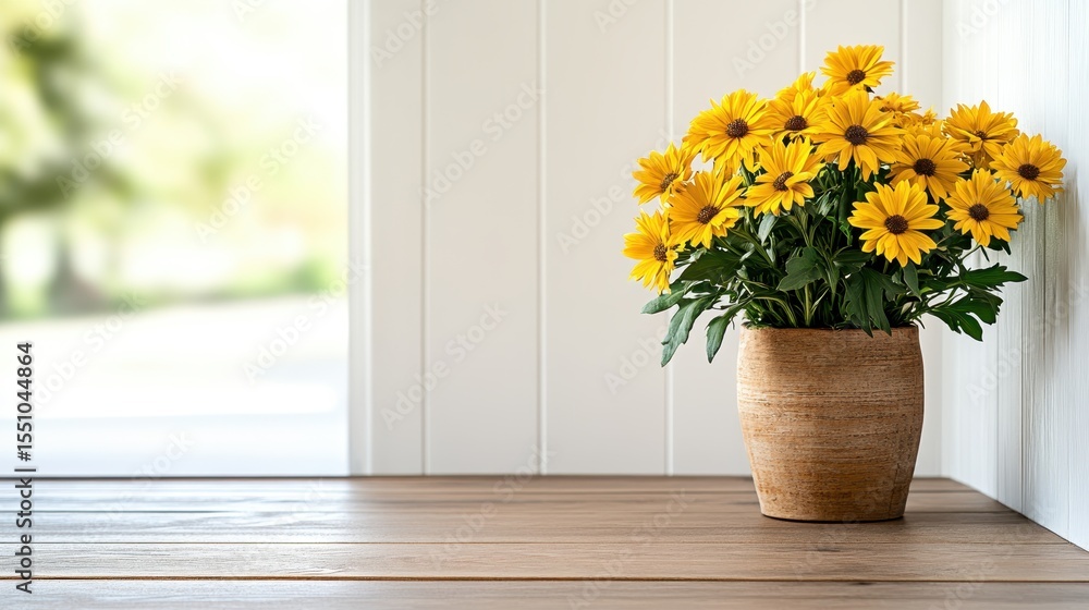Fototapeta premium A vibrant display of cheerful yellow flowers in a rustic pot on a wooden table, symbolizing joy, positivity, and the beauty of nature indoors and outdoor spaces.