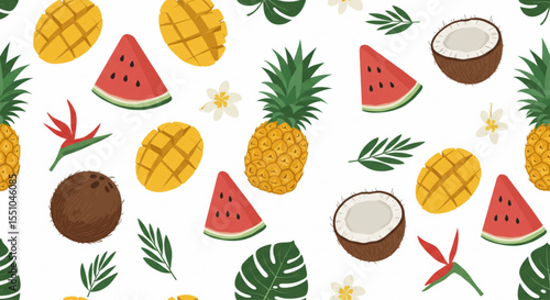 Seamless vector pattern of tropical fruits ; watermelon, pineapple, mango, and coconut, summer leaves and flowers - summer fruits concept, colorful flat design
