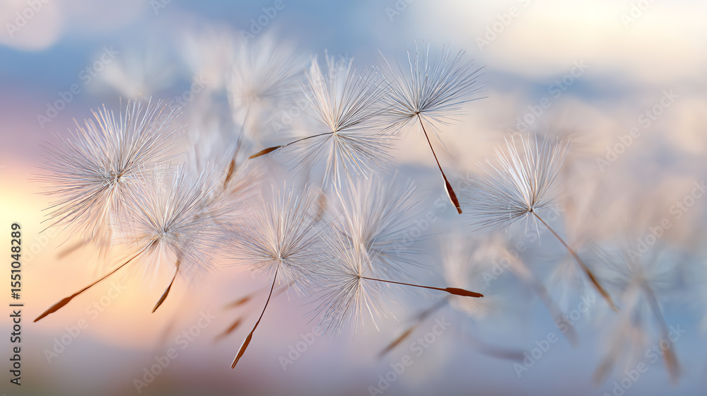 Obraz premium A delicate close-up of dandelion seeds drifting softly in the breeze, showcasing nature's beauty and ephemeral moments.