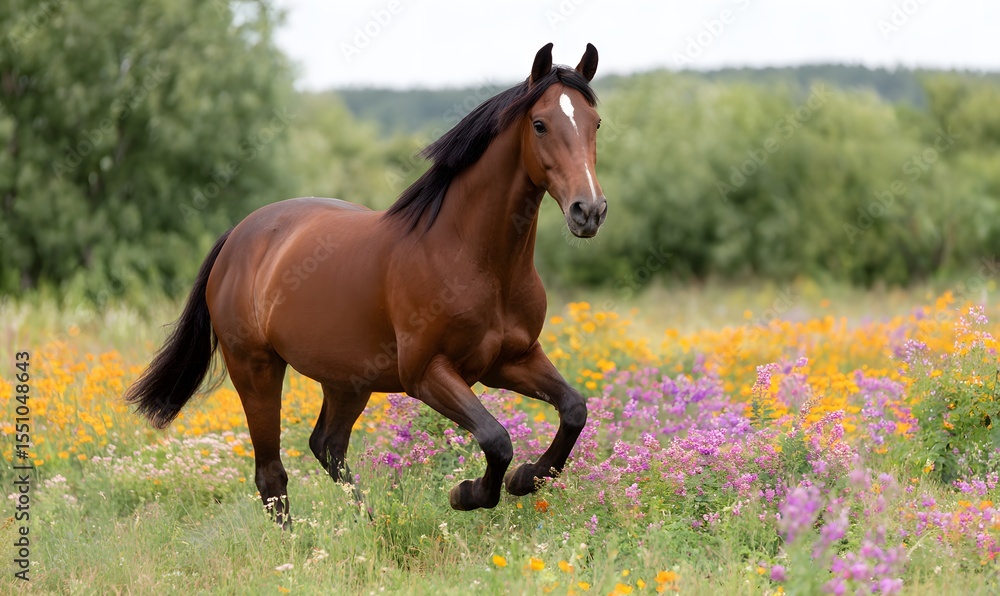 Fototapeta premium a horse, running through a beautiful field of colored flowers,Generative AI