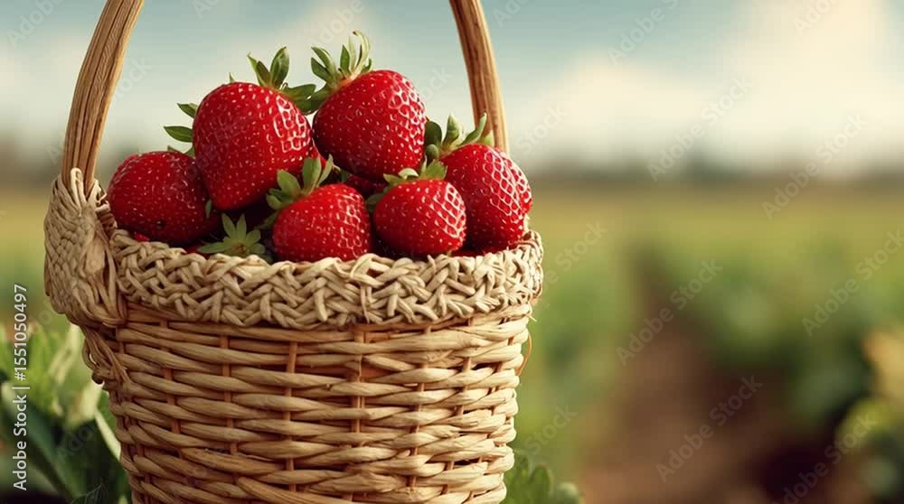 Basket with red strawberries on a field background Basket with red strawberries on a field background