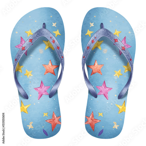 Watercolor Flip-Flops with Colorful Stars, Summer, Beach, and Holiday Vibes.