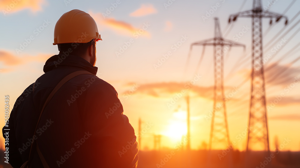 A worker in a hard hat gazes at electrical towers during a colorful sunset, symbolizing dedication to infrastructure and energy. A worker in a hard hat gazes at electrical towers during a colorful sunset, symbolizing dedication to infrastructure and energy.