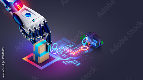 AI manages automated delivery of orders from warehouse to buyer. AI software management delivery. AI logistics of online store. AI plots the optimal route around the city for fast delivery of orders.