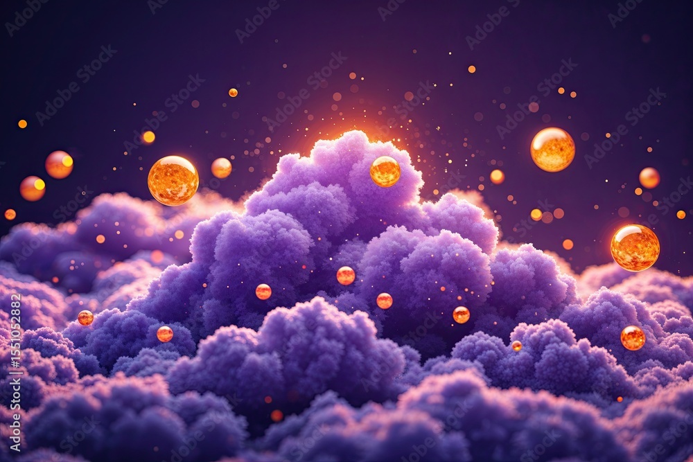 Fototapeta premium Vibrant Purple Clouds with Glowing Orange Orbs Symbolizing Cloud Technology and Digital Innovation