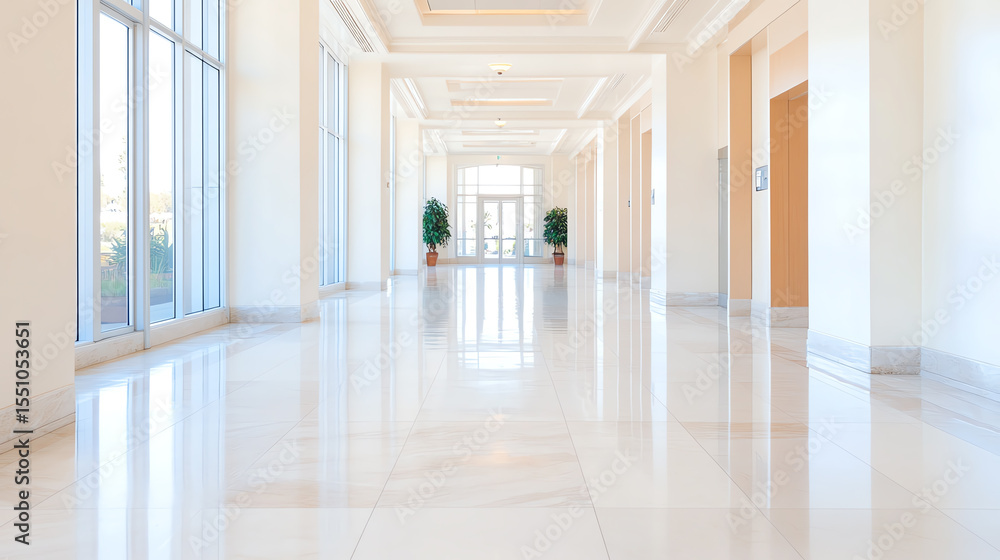 Fototapeta premium Bright and spacious hallway with polished marble floors and elegant lighting, ideal for modern architectural designs.