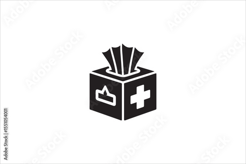 Black and white, with a simple and minimalistic Tissue Box silhouette isolated on a white background