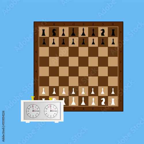 chess board with chess pieces arranged for the start of a game with a chess clock in front of them on a blue background. Sports set of pictures