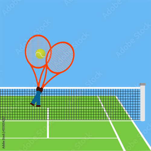 Two crossed tennis rackets and tennis ball in front of them over tennis court with net on a blue background. Sports set of pictures