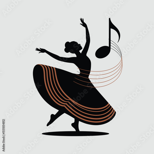 Black Silhouette of a Ballerina Dancing with Rust Orange and Gold Accents on Her Dress Musical Note and Flowing Lines