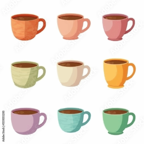 Colorful collection of artistic coffee cups arranged in a grid showcasing unique designs and hues