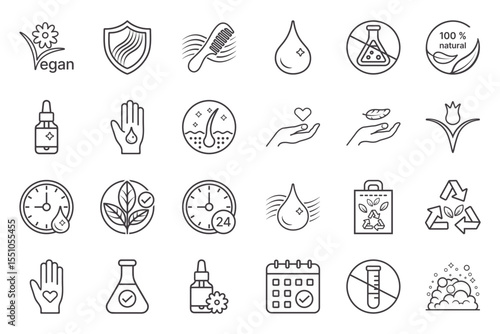 Cosmetic Icon Set Featuring Vegan and Natural Symbols for Beauty and Skincare Products