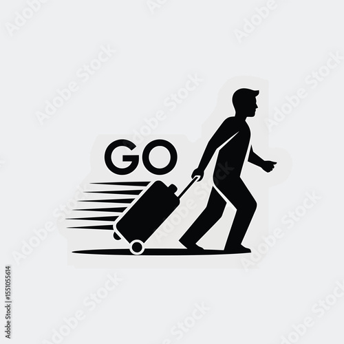 Black Silhouette of a Person Hurrying with Suitcase and G O Word Travel Departure Icon Minimalist Graphic Design