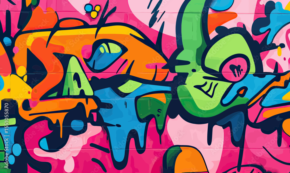 Obraz premium Colorful vibrant abstract graffiti street art mural with bold shapes and expressive dripping paint on brick wall urban culture artwork design