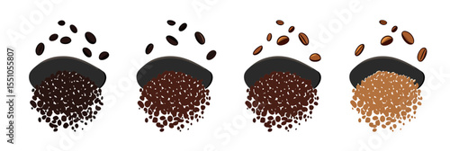 Coffee grind size variations with extra fine, fine, medium, and coarse ground beans illustration isolated on white background in flat vector style