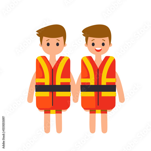 Two children wearing orange life vests holding hands flat vector illustration smiling and neutral expressions summer safety swimming gear lifesaving equipment for kids