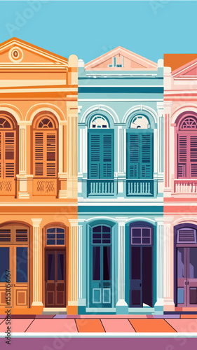 Colorful minimalist flat vector illustration of heritage shophouses with traditional doors and windows in Singapore row facade architecture