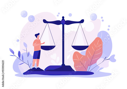 Young man standing next to large balance scale with equal weights in minimalist flat style vector illustration representing fairness and decision making concept