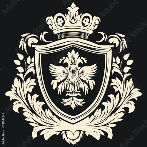 Heraldic shield with ornate floral crest and crowned eagle emblem in vintage royal coat of arms design black and white vector illustration