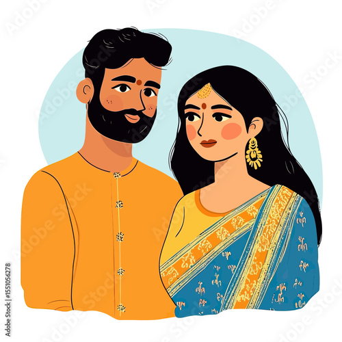 Indian couple hand-drawn vector illustration wearing traditional ethnic clothing with sari and kurta in flat minimalist style