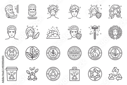 Cosmetic and Eco Icons Set Featuring Sustainable Beauty Symbols and Concepts for Natural Products