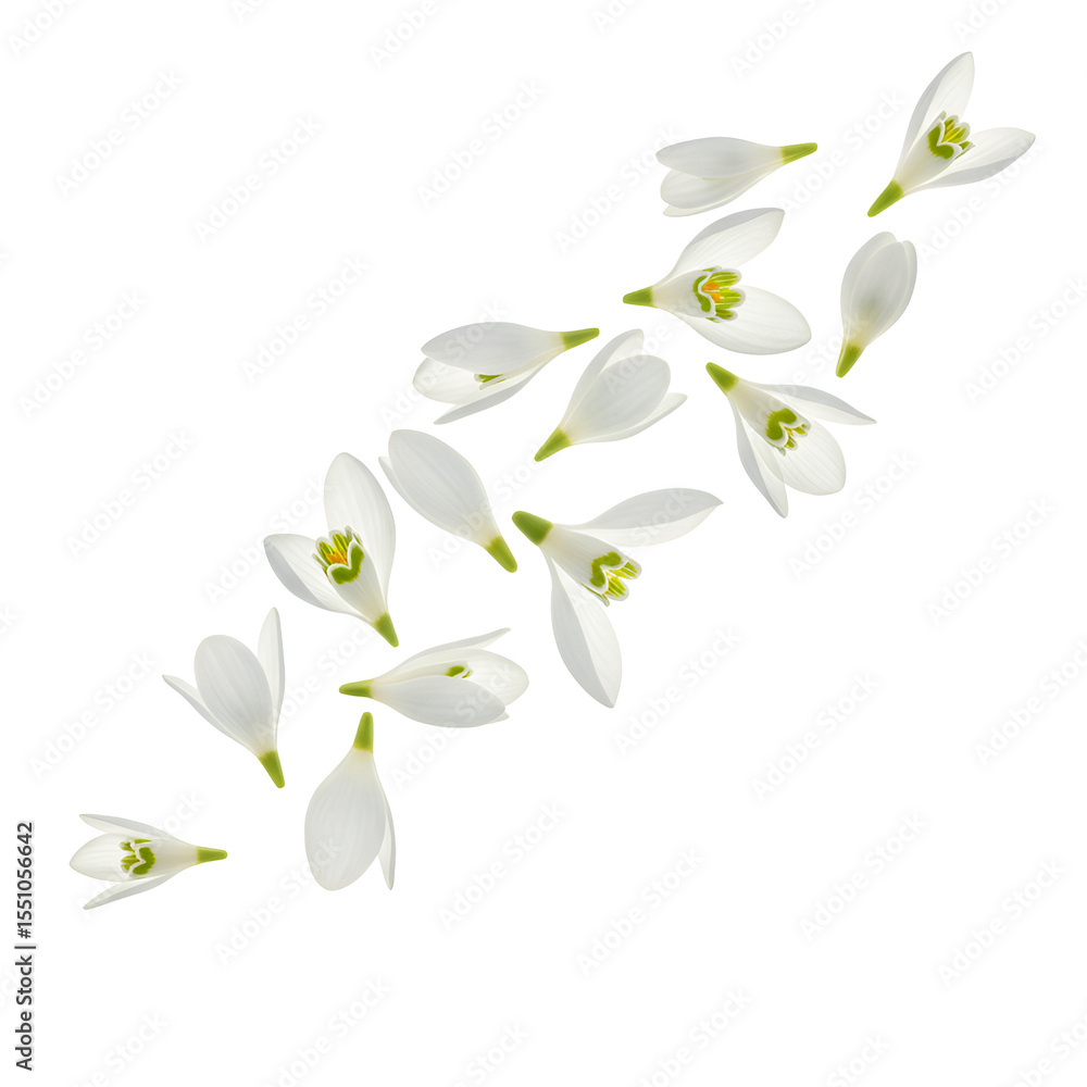 Fototapeta premium Soft White Snowdrop Petals Translucent and Bell-Like Scattered Diagonally