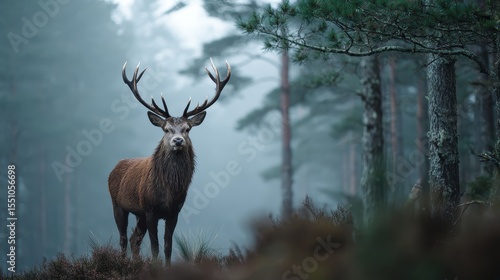 A deer standing in a forest with fog