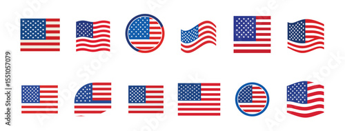 American flag set, USA waving flag collection, United States. Collection of American flags waving in different styles and directions