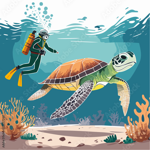 A majestic sea turtle glides beside a diver holding a camera, framed in crystal-clear water with rich marine life.