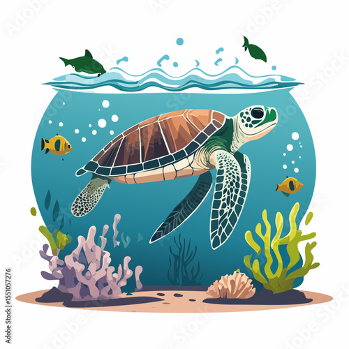 A majestic sea turtle glides beside a diver holding a camera, framed in crystal-clear water with rich marine life.