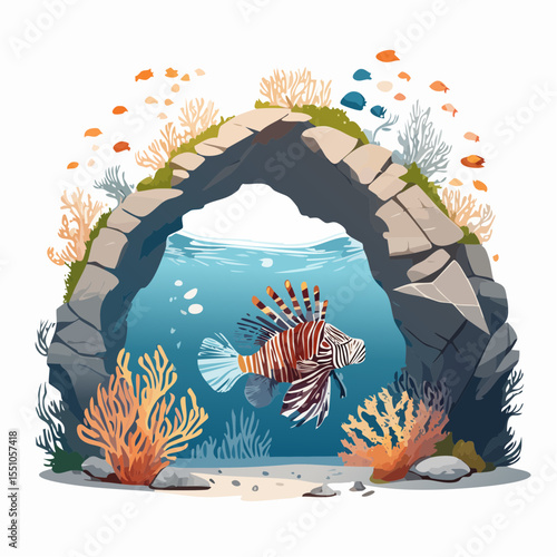 A lion fish hovers near a rocky arch deep below the surface, its delicate spines flaring with color in the filtered light.