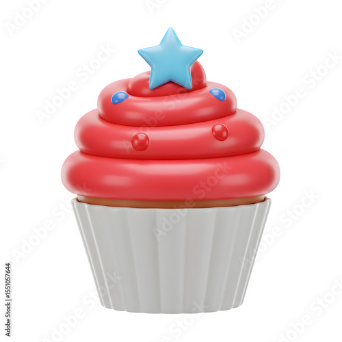Festive Red Icing Cupcake Topped with Blue Star and Sprinkles