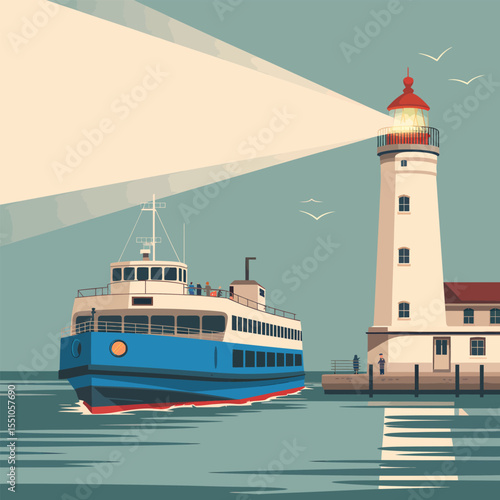 Blue Ferry Boat Approaching a Tall White Lighthouse with Red Roof at Dusk Calm Ocean Water Pastel Colors Retro Style Illustration