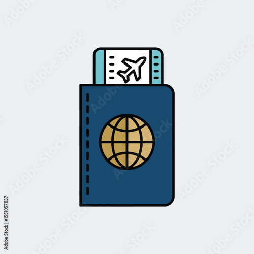 Blue Passport with Gold Globe and Airline Ticket Icon Flat Design Illustration Travel Document International Journey Airplane Symbol