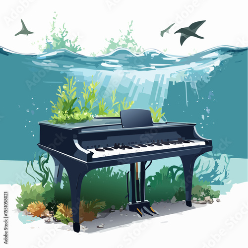 A forgotten piano rests on the seafloor, draped in seaweed strands gently waving in the current, evoking stillness and decay.