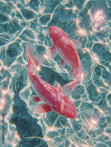Two koi fish swim in the clear, sparkling water.
