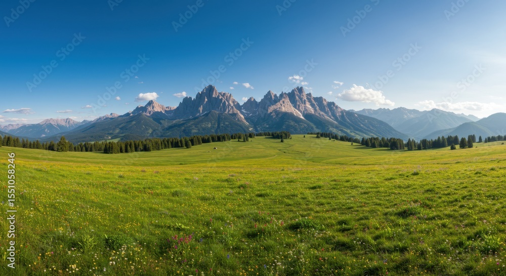 Naklejka premium Majestic Mountain Panorama: A Breathtaking Alpine Meadow