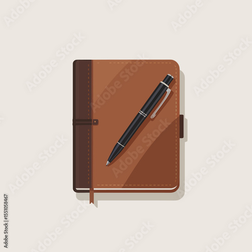 Brown Leather Notebook with Black Ballpoint Pen Top View Flat Lay Illustration black pen