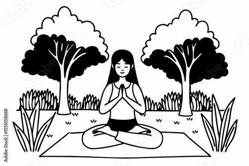 Happy serene young Hispanic woman meditating doing yoga breathing exercises feeling mental mind balance sitting in lotus pose hands in namaste in peaceful green nature park outdoors