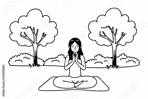 Happy serene young Hispanic woman meditating doing yoga breathing exercises feeling mental mind balance sitting in lotus pose hands in namaste in peaceful green nature park outdoors