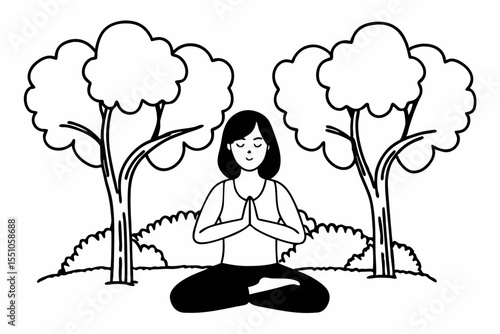 Happy serene young Hispanic woman meditating doing yoga breathing exercises feeling mental mind balance sitting in lotus pose hands in namaste in peaceful green nature park outdoors