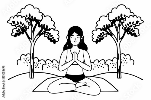 Happy serene young Hispanic woman meditating doing yoga breathing exercises feeling mental mind balance sitting in lotus pose hands in namaste in peaceful green nature park outdoors