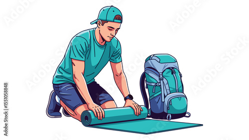 Man preparing yoga mat with backpack for outdoor workout in nature illustration