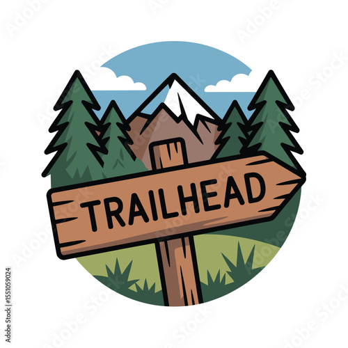 Brown Wooden Trailhead Signpost Against a Scenic Mountain Landscape Illustration Featuring Evergreen Trees a Snowy Peak and a Light Blue Sky with Clouds Simple Cartoon Style