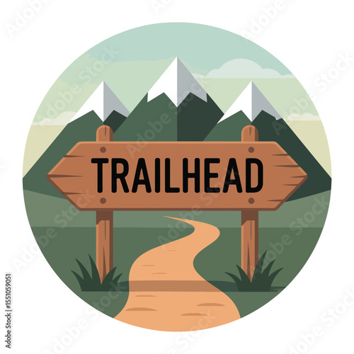Brown Wooden Trailhead Signpost Guiding Winding Orange Path Towards Green Mountains with White Snow Peaks under a Light Blue Sky Scenic Hiking Nature Illustration