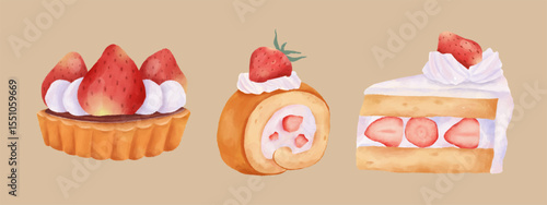 set of cake with cream and strawberry on top