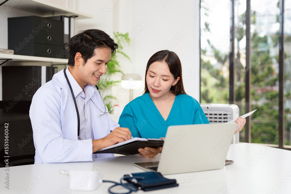 Doctors and nurse looking at clipboard, discussing patient's illnesses or diagnosis in clinic. Doctors and nurse looking at clipboard, discussing patient's illnesses or diagnosis in clinic.